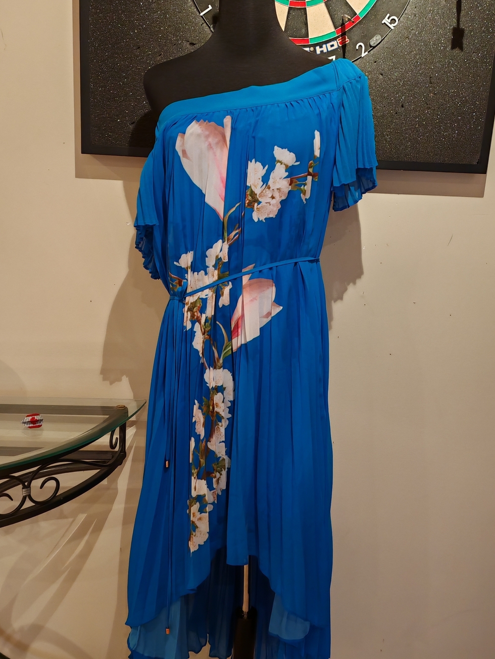Ted Baker Cobalt Blue Off-Shoulder Pleated High-Low Floral Dress - Picture 13 of 14